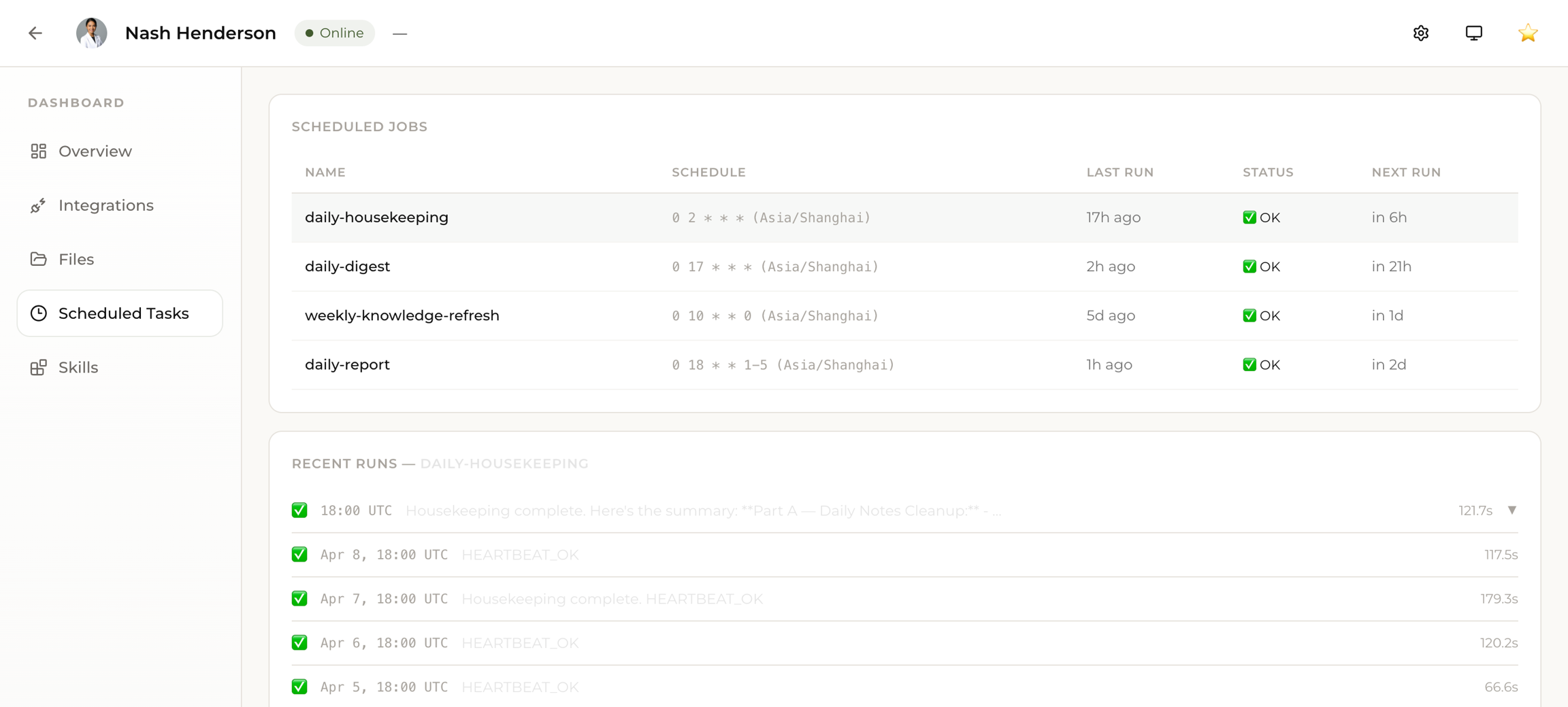 ダッシュボードの Scheduled Tasks タブ